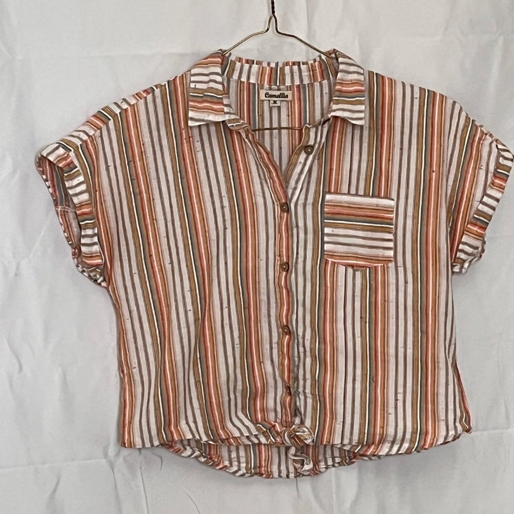 Casual Striped Button-Up Women Top - Orange and White neutral EUC